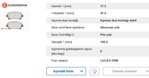Eurorepar ERP Fren Balatası Arka (Opel Insignia 08-)