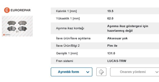Eurorepar Fren Balatası Ön (Mercedes E203 W209 S203 R171 C Serisi 00-)