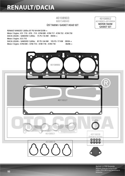 MOTOR UST TAKIM CONTASI KECELI SUBAP LASTIKLI DACIA LOGAN 1.4 1.6 8V K7J 710 K7M 690