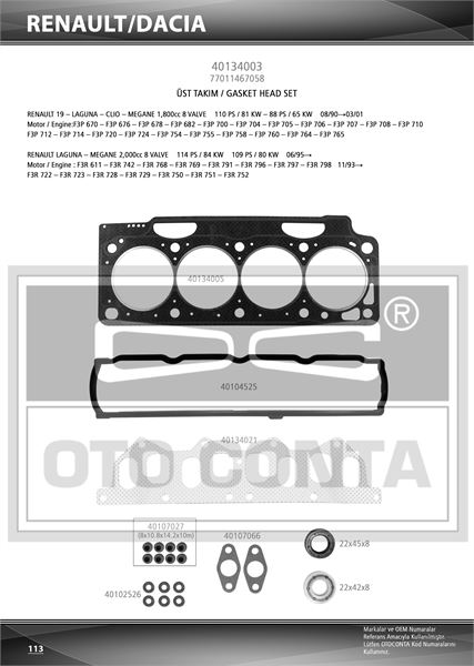 MOTOR UST TAKIM CONTASI KECELI SILINDIR KAPAK CONTALI SUBAP LASTIKLI STANDART RENAULT LAGUNA 1.8 2.0 F3P F3R