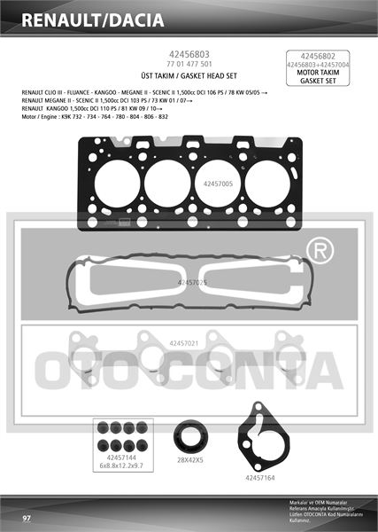 MOTOR UST TAKIM CONTASI TEFLON KECELI SILINDIR KAPAK CONTALI SUBAP LASTIKLI RENAULT CLIO KANGOO MEGANE DACIA LOGAN 1.5 DCI K9K 732 734 764 832 780