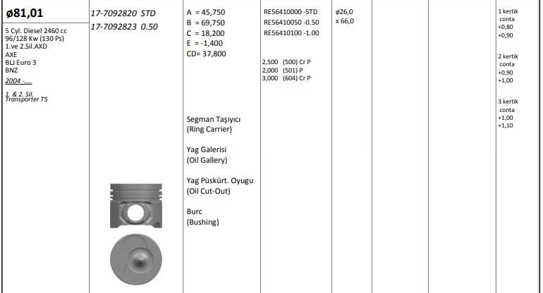 KINGPISTON Piston 81,01 mm (STD) (1-2 Silindir) Volkswagen T5 2,5 TDI AXD AXE BLJ (130 PS)