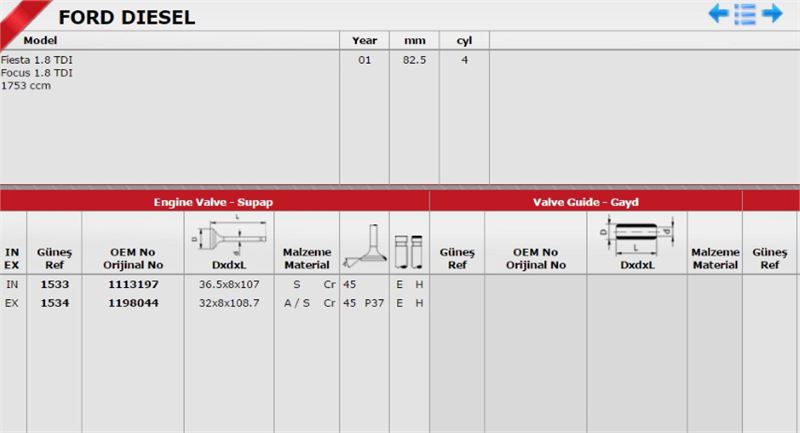 Gunes Takım Subap (8V) (Ford Connect 18D BHDA, BHDB, C9DB, C9DC)