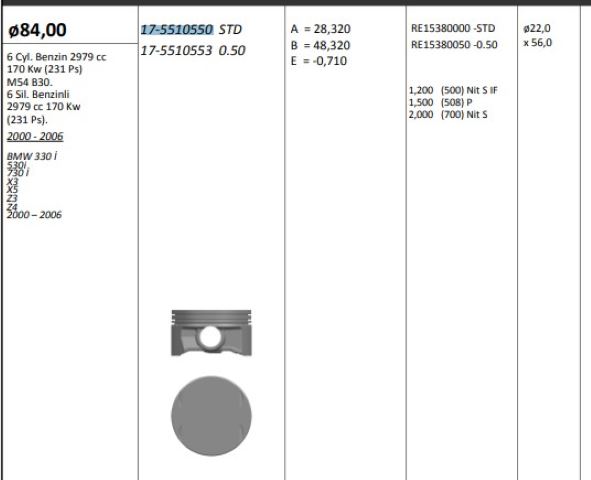 KingPiston Piston 84.00 mm Standart (BMW E36, E53, E83, E85 330I, 530I, 730I X3, X5 00-06 3.0 Benzinli M54 B30)
