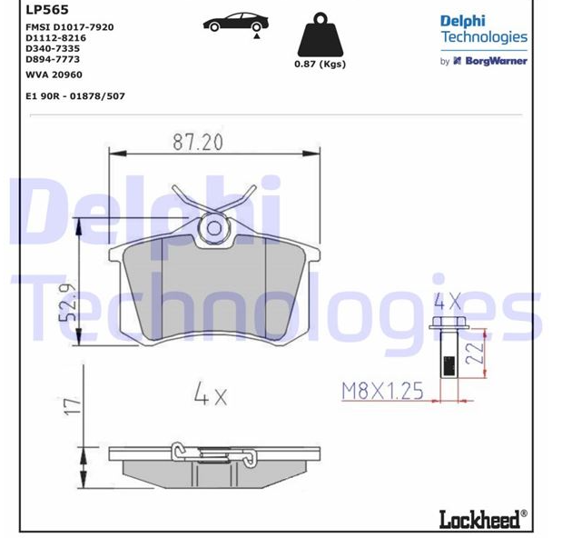 Delphi Fren Balatası Arka (87 mm) (Volkswagen Passat, Peugeot 307, Renault Mégane II, Peugeot Partner Tepe, Citroën Berlingo)