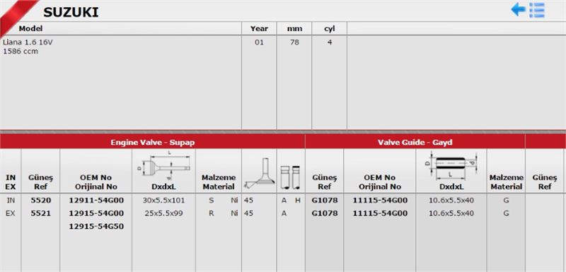 GUNES Takım Subap (16V) (Suzuki Liana 16 M16A)
