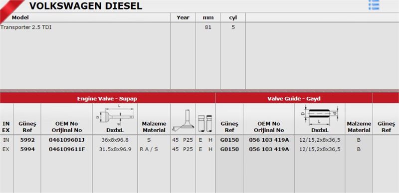 Takım Subap (10V) (Volkswagen Transporter T4 25D ACV AHY AJT)