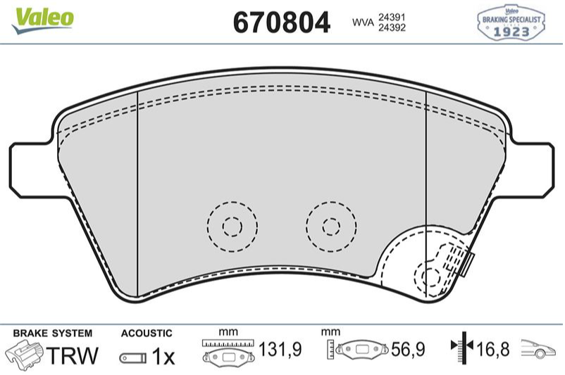 VALEO Fren Balatası Ön (Fiat Sedici 1.6/1.9D/2.0D 06/06-10/1)