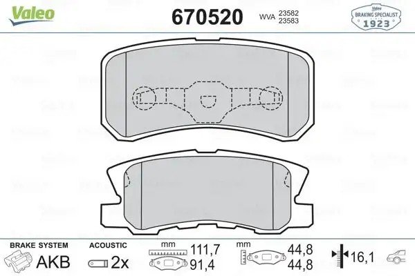 VALEO Mitsubishi Lancer ve Outlander 2.0 Arka Fren Balatası 112 mm