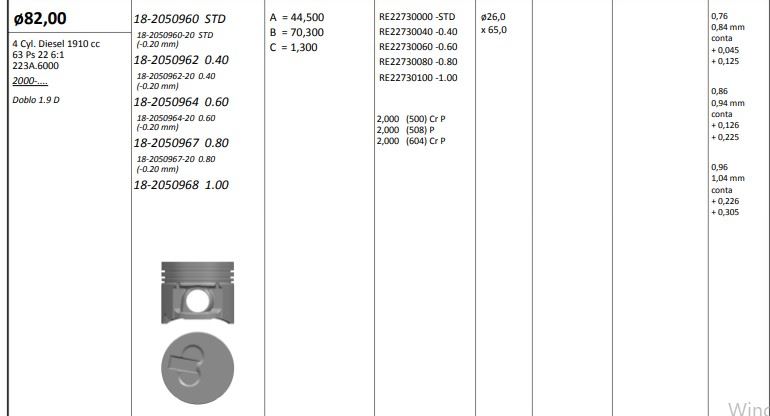 Piston 82.00 mm (0.60) (Fiat Doblo, Palio, Punto, Strada 1.9D 99-)