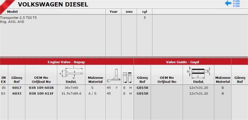 GÜNES Takım Subap (10V) (Volkswagen Transporter T5 2.5 TDI)