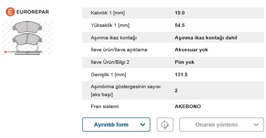 ERP Fren Balatası Ön (Honda Civic V-VI, Jazz II)
