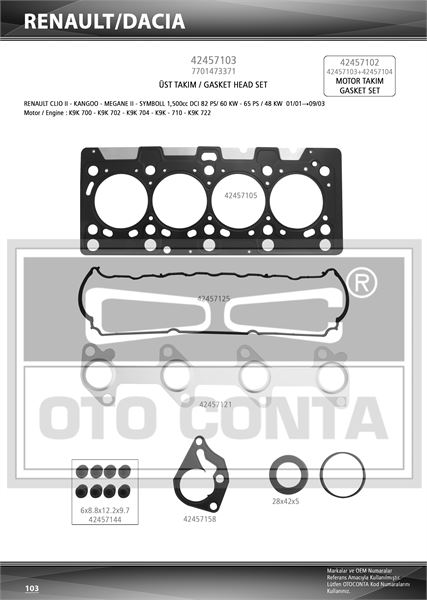 Motor Üst Takım Contası Teflon Keçeli Silindir Kapağı Contalı Subap Lastıklı Renault Clio, Megane, Kangoo 1.5 DCI K9K