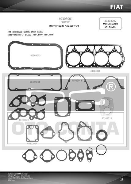 OtoConta Motor Takım Contası Keçesiz Silindir Kapak Contalı Standart 1.60 mm Fiat M131 1.6