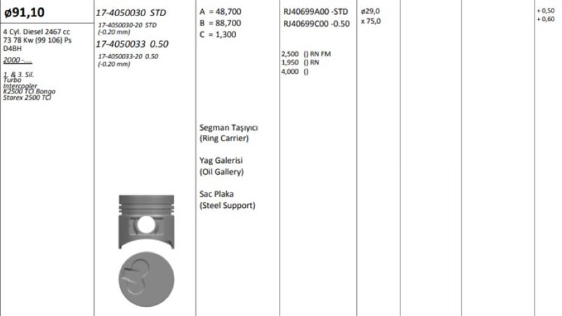 PISTON 91.10 mm (STD) (1-3 SIL) HYUNDAI STAREX 2.5 TCI KIA BONGO K2500 00-02 D4BH (0.20 KISA)