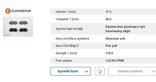 Eurorepar Fren Balatası Arka (Range Rover 02-)
