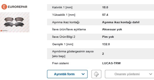 Eurorepar Fren Balatası Ön (Toyota Corolla 1.4 2002-2007)
