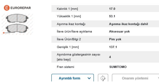 Eurorepar Fren Balatası Ön (Nissan Teana Maxima QX Juke 2.0 94- Infiniti G Sedan)