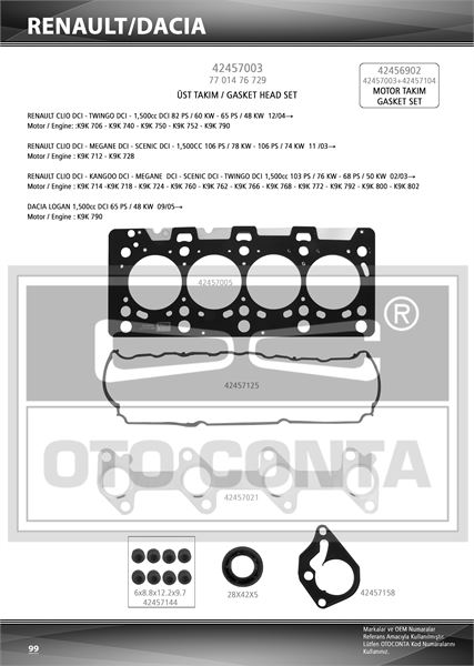 Otoconta Motor Üst Takım Contası Teflon Keçeli Silindir Kapak Contalı Subap Lastıklı (Renault Mégane, Clio, Dacia Logan, Sandero)