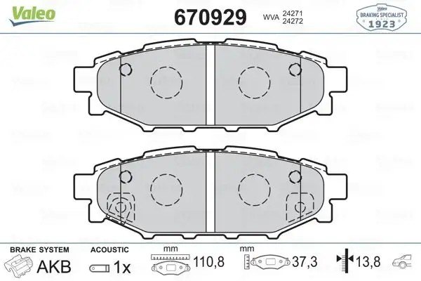 VALEO Subaru Legacy 2.0 ve XV 1.6 Arka Fren Balatası 37,3 mm
