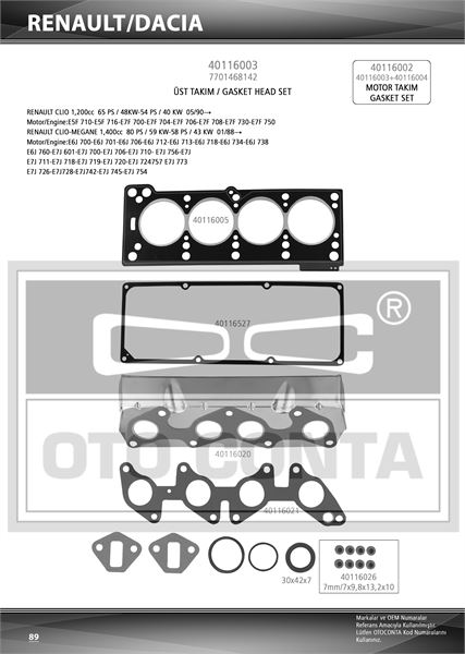 Motor Ust Takım Contası Keçeli Subap Lastıklı Silindir Kapağı Contalı Standart (Renault R19, Clio 1.4)