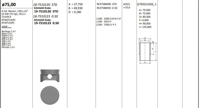 PISTON KIT 75.00 MM (STD) PEUGEOT 106 206 TU3JP (EURO 4) (YUKSEK TEPE)