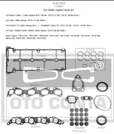 CorTeCo Üst Takım Contası Keçeli Silindir Kapağı Contasız (Fiat Doblo, Linea, Punto 1.6 JTD 16V MTJ 198 A2.000 263 A3.000)