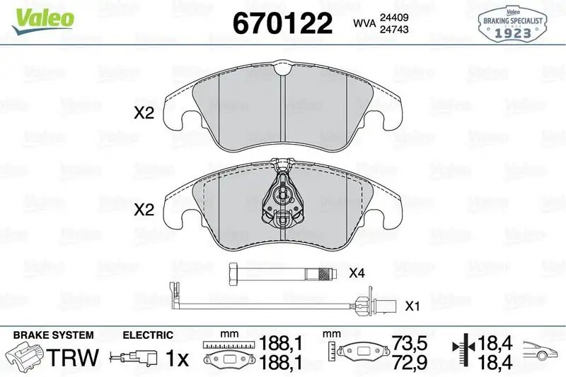 VALEO Audi A4, A5, A6 ve Q5 Ön Fren Balatası 188 mm