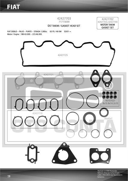 MOTOR UST TAKIM CONTASI KECELI SUBAP LASTIKLI SILINDIR KAPAK CONTASIZ FIAT DOBLO PALIO PUNTO 1.9 D 188 A3.000 223 A6.000