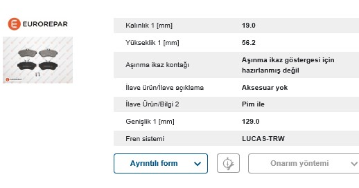 EUROREPAR Fren Balatası Ön (Citroen C3 1.4 1.6 HDi)