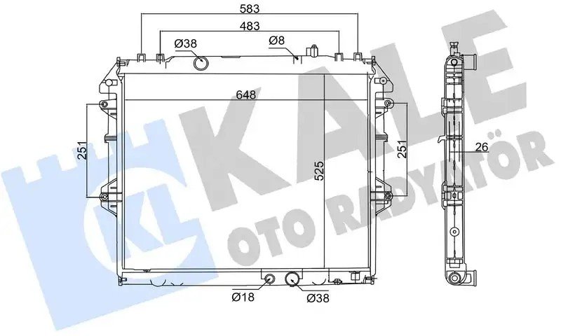 KALE Toyota Hilux 2.5 ve 3.0 Su Radyatörü 525×648×26 mm Lehimli Kanatçık
