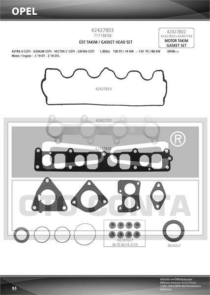 MOTOR UST TAKIM CONTASI KECELI SUBAP LASTIKLI SILINDIR KAPAK CONTASIZ OPEL ASTRA VECTRA ZAFIRA 1.9 CDTI FIAT DOBLO 1.9 JTD 183 B9.000 186 A6.000 Z19DT Z19DTL