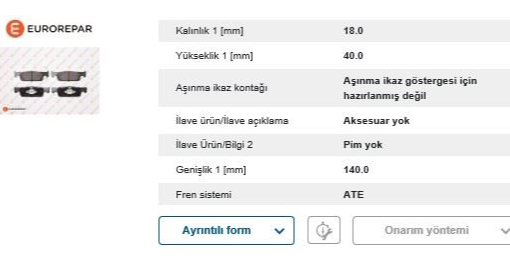 Eurorepar ERP Fren Balatası Ön (140 mm) (Renault Clio IV, Twingo III, Dacia Logan 12-)