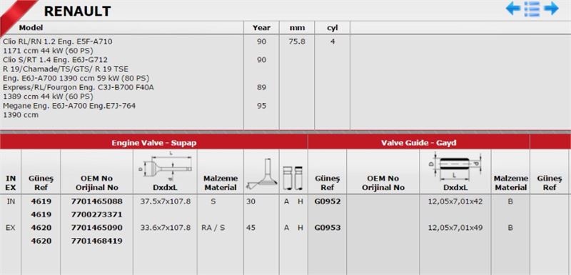 Gunes Takım Subap (8V) (Renault Megane, Clio 14 ENGK7M K7J)