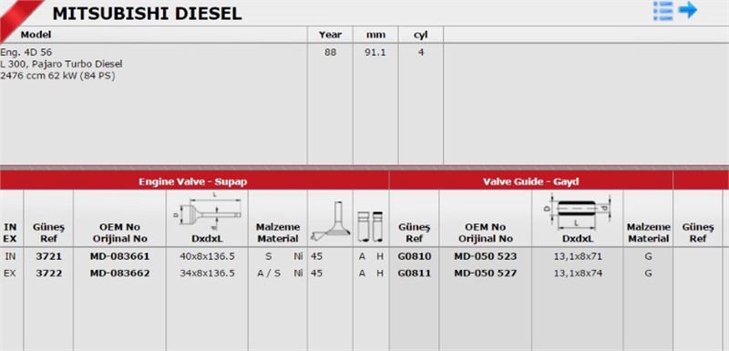 Gunes Takım Subap (8V) (Mitsubishi H100, L300)