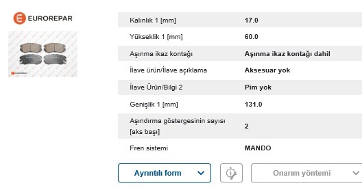 Fren Balatası Ön (131 mm) Tucson 2.0 2.7 04- (Tamir Takım Kit)