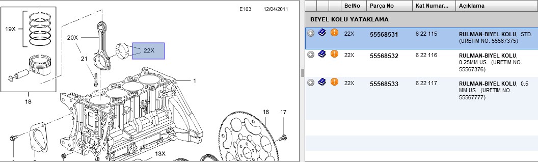 Kol Yatağı (Std) (Opel Astra J, Corsa D, Astra H, Mokka, Adam, Corsa E 1.2, 1.4)