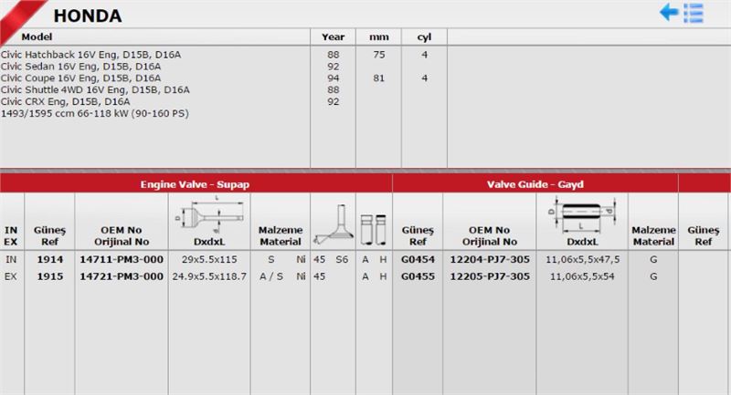 Gunes Takım Subap (16) Honda Civic Sedan HB 1 6 A13A-B D14A