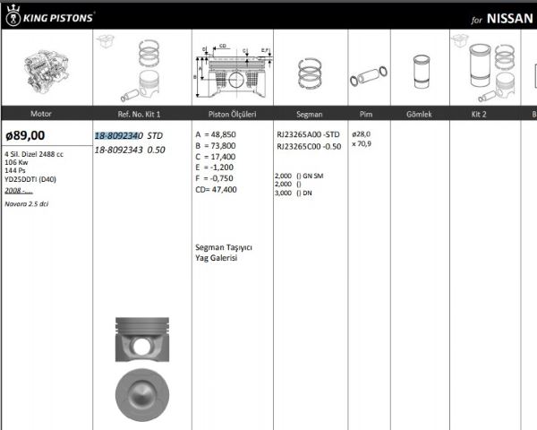 KingPiston 89.00 mm (STD) Piston - Nissan Navara 2.5 DCI