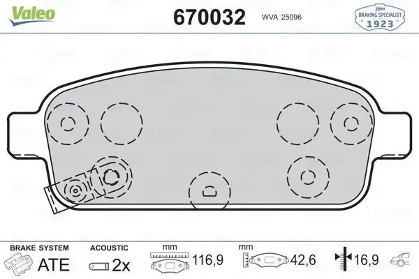 VALEO Chevrolet Cruze 1.6, Opel Astra J 1.6, Opel Mokka 1.6 Arka Fren Balatası 117 mm