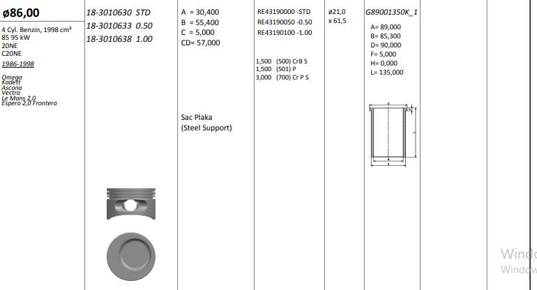 PISTON 86.00 MM (1.00) OPEL VECTRA A OMEGA A FRONTERA A 2.0 C20NE 20NE