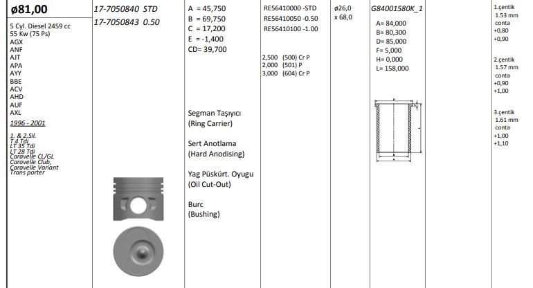 KingPiston Piston (Volkswagen LT35 T4 2.5 TDI)