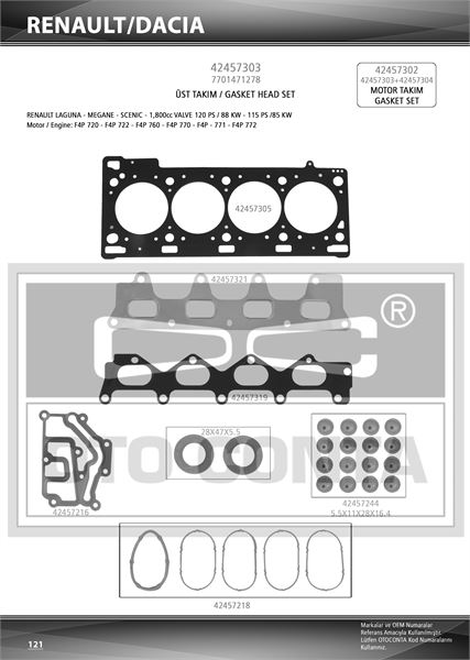 MOTOR UST TAKIM CONTASI KECELI SILINDIR KAPAK CONTALI RENAULT MEGANE LAGUNA 1.8 2.0 16V F4R700 701 732 F4P720