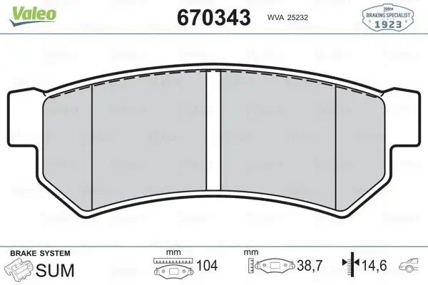 VALEO Chevrolet Lacetti 1.6 ve Mitsubishi Outlander 2.0 Arka Fren Balatası 104 mm