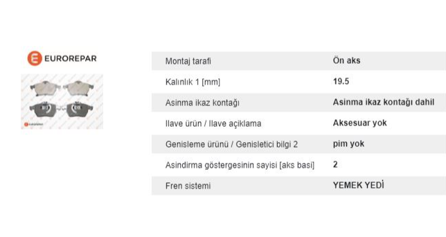 Eurorepar Fren Balatası Ön (155 mm) (Opel Vectra B 95- TAMIR TAKIM KIT)