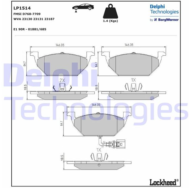 DELPHI Fren Balatası Ön (155 mm) (Volkswagen Passat, Touran, Caddy III, Golf VI, Skoda Octavia II, Super-B II, Audi A1, A3)