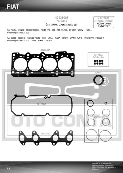 MOTOR UST TAKIM CONTASI KECELI SUBAP LASTIKLI FIAT PUNTO GRANDE PUNTO 1.4 8V 199 A7.000 350 A1.000 FP4