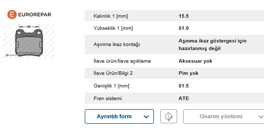 Eurorepar ERP Fren Balatası Arka (Opel Vectra B 99-)