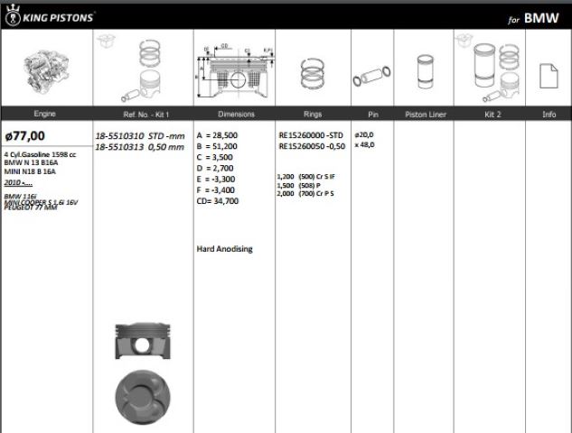Piston 77.00 MM (STD) (BMW F20, F21, PEUGEOT P206, P207, P208, P3008, P5008)
