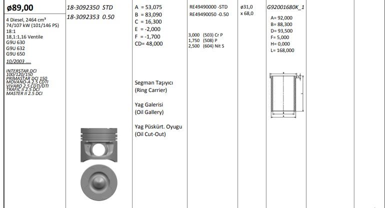 PISTON 89.50 MM (0.50) RENAULT MASTER OPEL MOVANO VIVARO 2.5 DCI 06- G9U 632/650